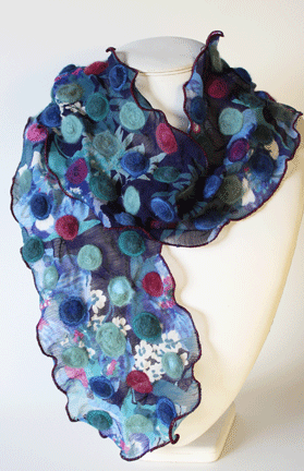 Vintage Print scarf with felted bobbles