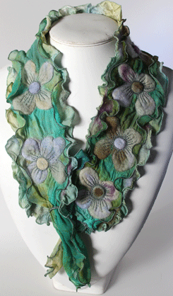 Delicate watercolour shades of hand painted silk scarf with felting detail