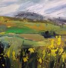 Spring fields, Flagg Square landscape painting with hill, trees and yellow flowers in foreground