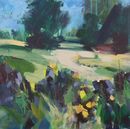I wish I had a forest. Square contemporary landscape painting of trees with a wall and hedgerow in blues, greens and creams