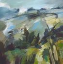 And even on a stormy afternoon Square expressive landscape painting of a wild Hill in the Peak Districtwith trees in pale blue, ochre, olive greens