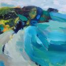 Out to sea Square seascape painting in blues, grey, green