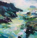 Riding the wind Square seascape painting of a cove with seabirds in blues and green