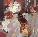 Moon, risen Square landscape painting of moonrise in grey, brown, gold, red and white