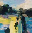 Sun days Small square contemporary landscape with fields and a road in turquoise, yellow and greens