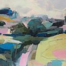 The Drove Road Square contemporary landscape painting with trees and a lane in turquoise, pink and greens