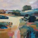 First mowing Square landscape painting in turquoise, cream and green shades
