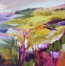 In the Time of Cotton Grass Contemporary landscape painting in ochre, purples, pinkscolours