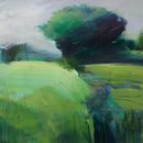 The field Square landscape painting of a tree and meadow in vibrant greens