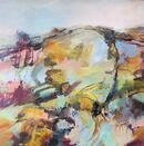 The Tor landscape painting of a hill top in blues, pinks, ochre, aqua