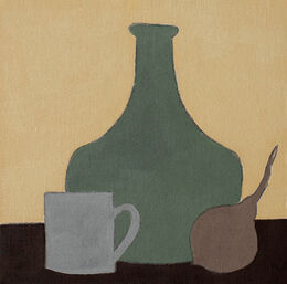 Green bottles, onion, and cup on yellow