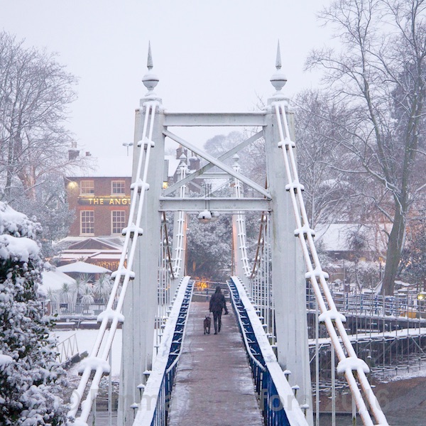 Teddington Footbridge and the Anglers pub in Winter