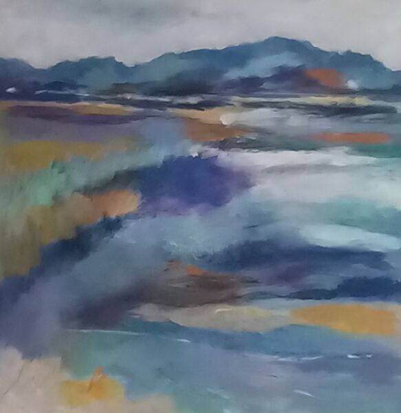 Early Tide (image size 20x20 inches). Oil paint, charcoal and pastel on board, framed 25.5x25.5 inches. £600