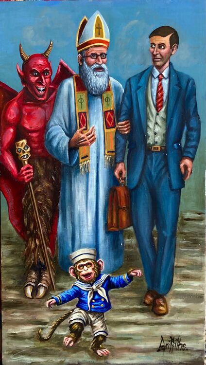 Religion Trying To Entice Man As The Devil Looks On With A Grin £600