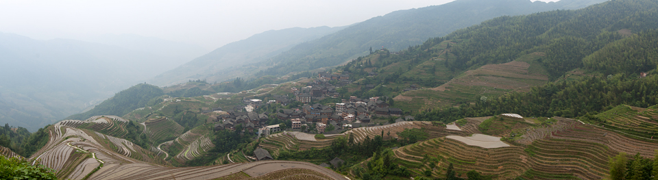 Panoramic overview of Ping An rice terraces. Canon 50D, Canon EF 400mm f/5.6 L USM, 1/200, f/10, iso 100, handhold, stitched image.