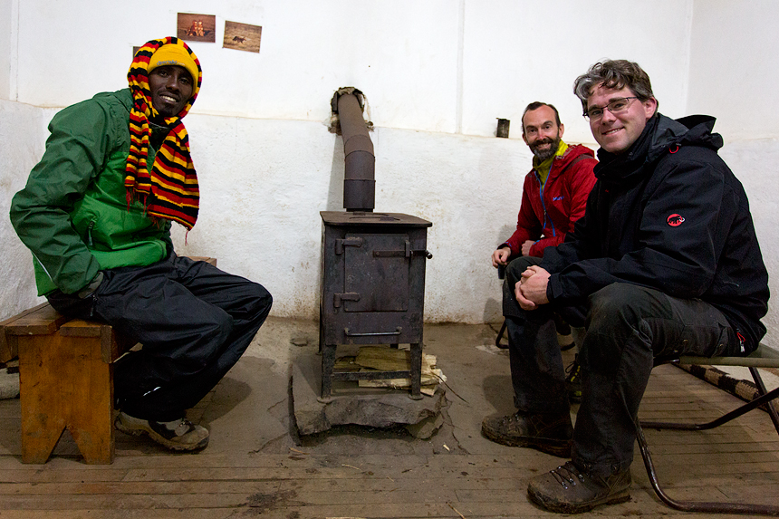 From left to right: our guide Ahmed Alo (who seems cold...), my travel buddy @vagabondgentleman and me, in the research cabin at the Sanetti Plateau campsite