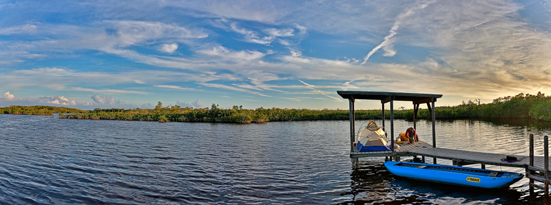 Setting up camp at Hell's Bay Chickee, Everglades National Park (stitch).