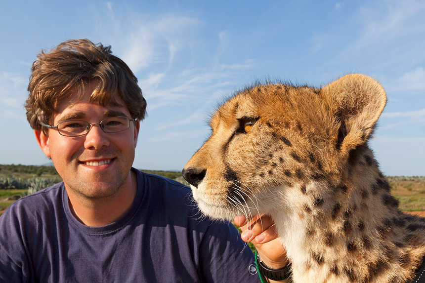 Bart with a cheetah (Acinonyx jubatus) in South Africa, 2011