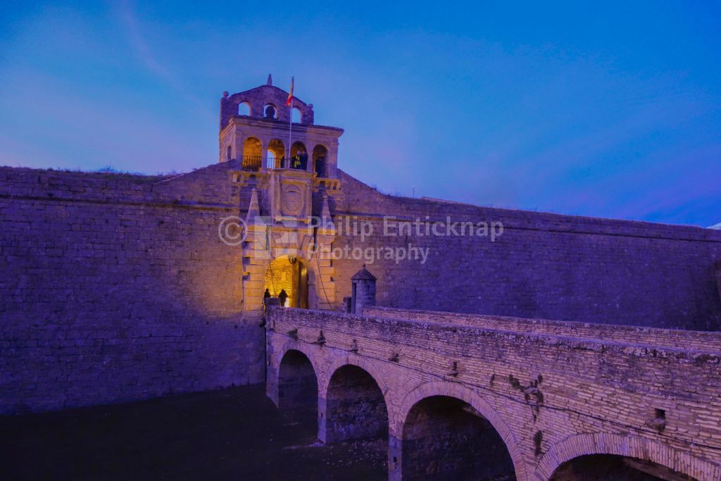 Bridge over moat to Gateway to Ciudadela de Jaca, Jaca, Huesca, Spain