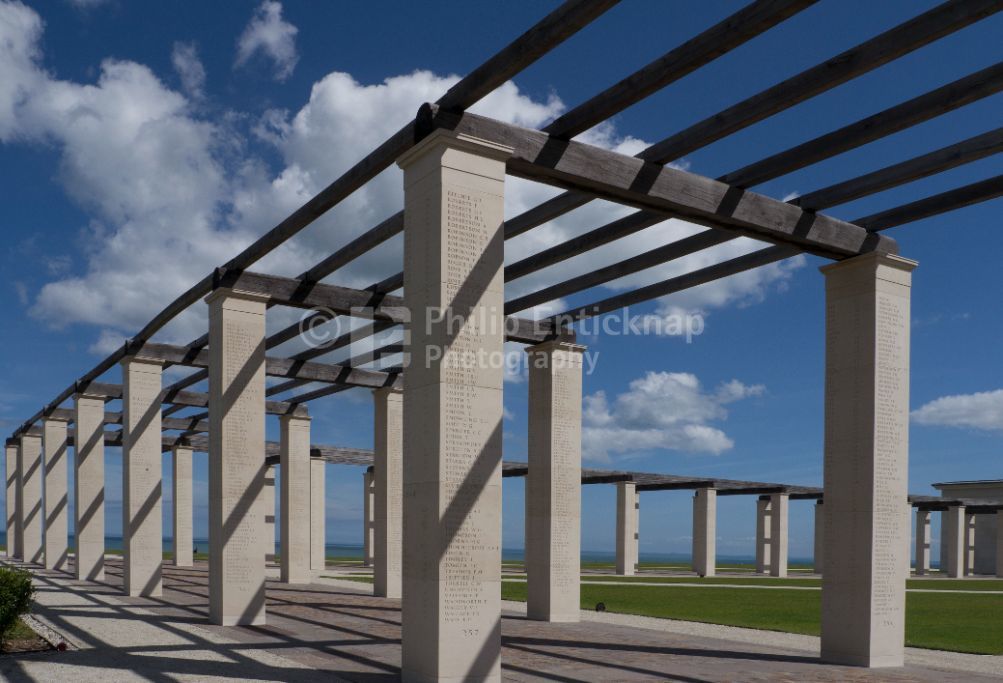 Columns with names inscribed of servicemen and women under British command who fell on D-Day and during the Battle of Normandy in the summer of 1944.