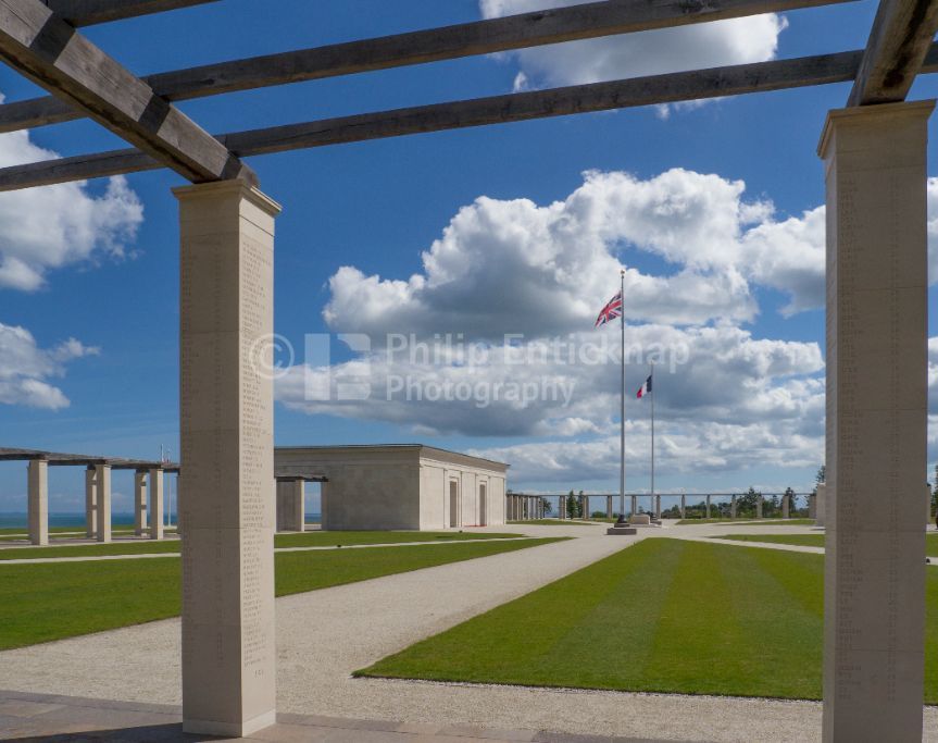 Columns with names inscribed of servicemen and women under British command who fell on D-Day and during the Battle of Normandy in the summer of 1944.