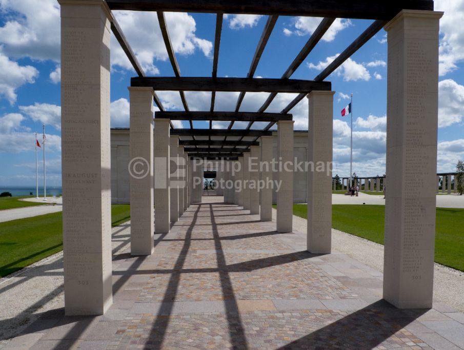 Columns with names inscribed of servicemen and women under British command who fell on D-Day and during the Battle of Normandy in the summer of 1944