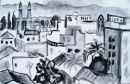 'Nicosia and Kyrenia Mountains.'<br>
Ink on paper