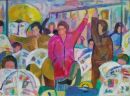 'Woman in Pink Coat on the Underground.'<br>
Oil and Acrylic on board.