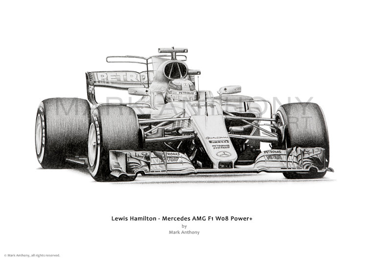Mercedes AMG F1 W08 Power+ driven by Lewis Hamilton open edition print taken from the original pencil drawing
