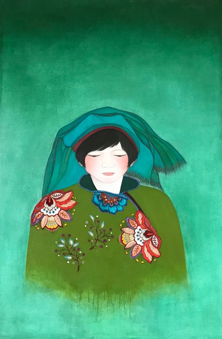 China girl with green background.