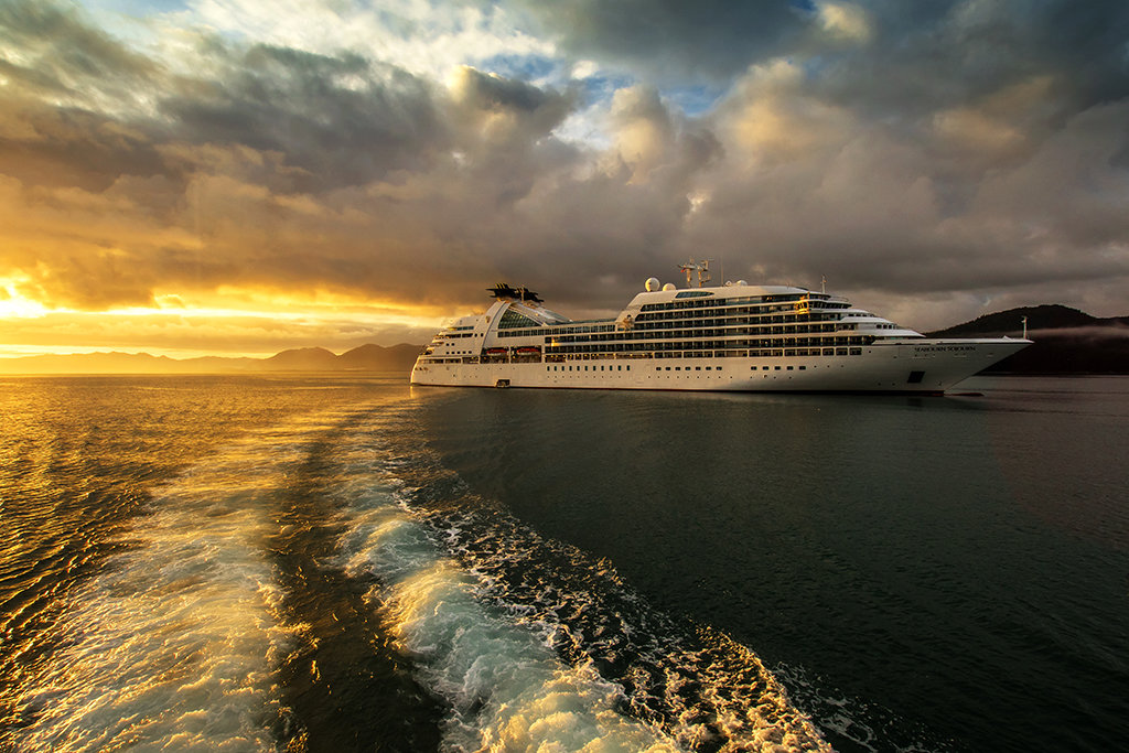 Seabourn Sojourn anchored at sunrise.