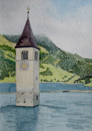 Graun tower on Reschensee 28cm x 20cm