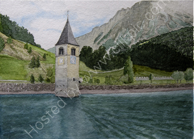 Graun church tower from the See 26cm x 36cm