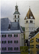 Kitzbuhel churches from high street 28x20cms