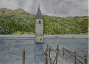 The jetty on Reschensee with Graun tower 28cm x 20cm