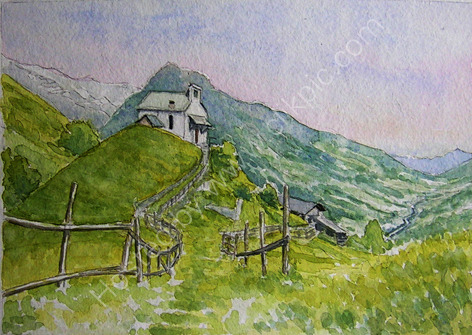 St Ippolito chapel in the fields, Glaiten, Sudtirol 20x28cms