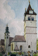 Kitzbuhel church from graveyard 28x20cms