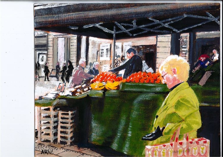 29 -Fruit Stall Northumberland Street by Allan White. -acrylic