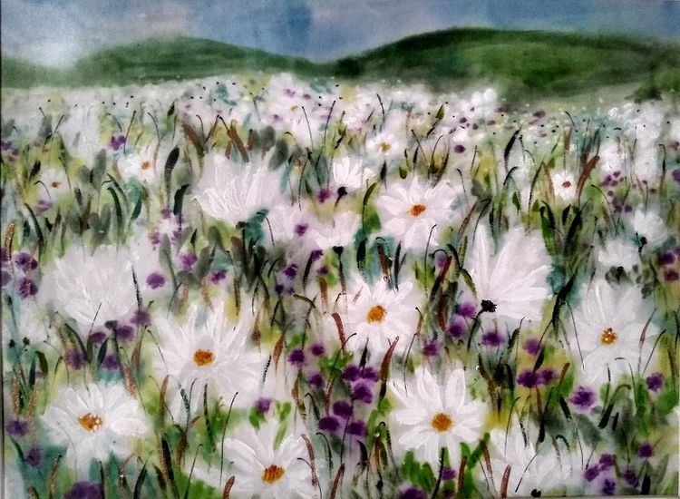 Sheila Lewis, Daisy Meadow, -painted on satin (£45)