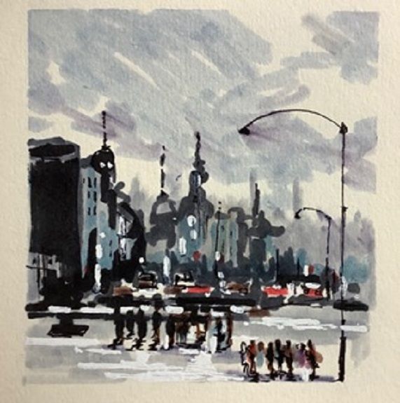 Tim Griffiths, Urban Plaza -felt pen & watercolour