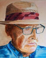 Willie Drea, To Get Ahead, Get a Hat -oil on cavas board 12"x10