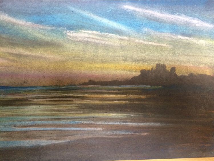 Bamburgh Sunset by Dougie Johnston. -pastel
