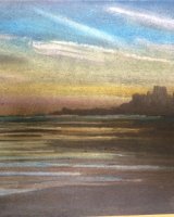 Bamburgh Sunset by Dougie Johnston. -pastel