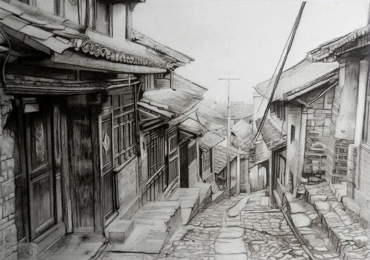 Doug Stevenson, Daxi Village -charcoal.