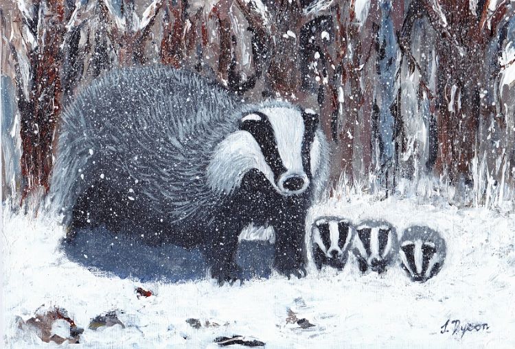 Badgers in the Snow by Jenny Dyson. -mixed media