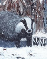 Badgers in the Snow by Jenny Dyson. -mixed media