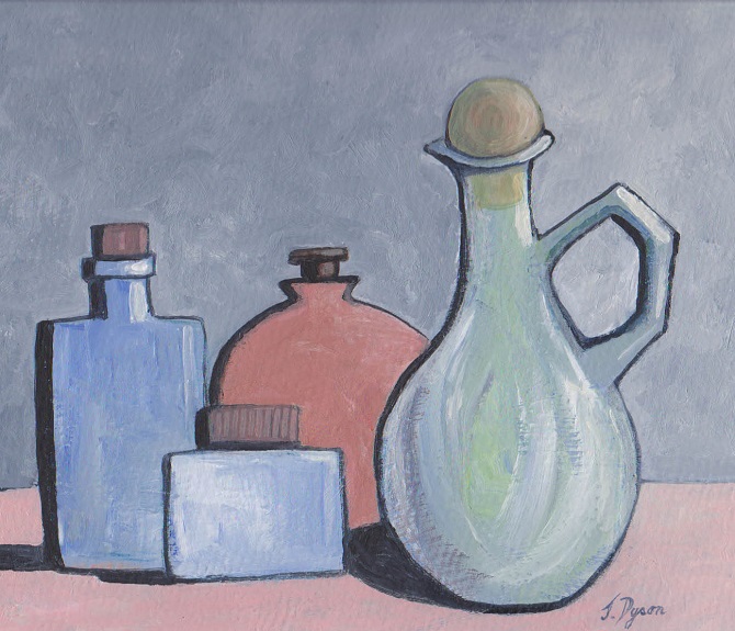 66 -Still Life with Bottles and Jug by Jenny Dyson, -oils