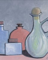Still Life with Bottles and Jug by Jenny Dyson, -oils