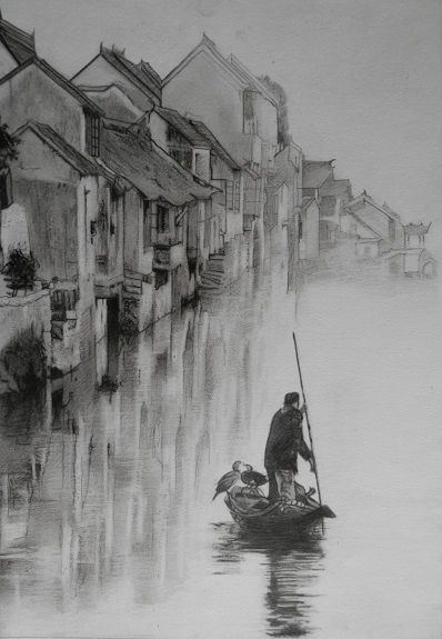 Xitang Boatman by Doug Stevenson -charcoal
