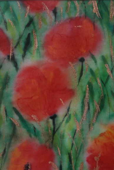 Poppies by Sheila Lewis, -paint on satin